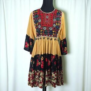 Vintage Afghan Dress Midi Embroidered Bodice Mirrors Medallion Detail Boho Gypsy